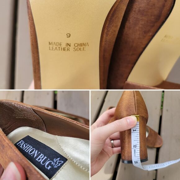 Vintage 90s y2k Fashion Bug Brown Satin Open Toe Chunky Formal Glam Heel Pumps 9 - Picture 7 of 8